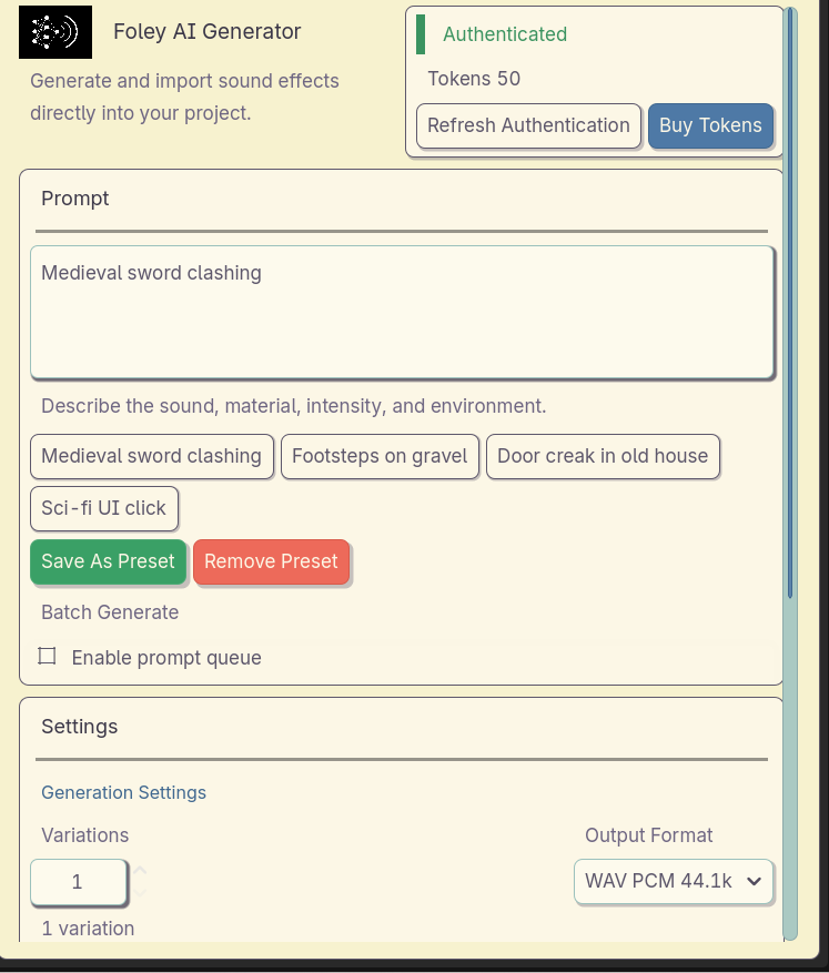 Foley AI Godot dock showing the full generation workflow