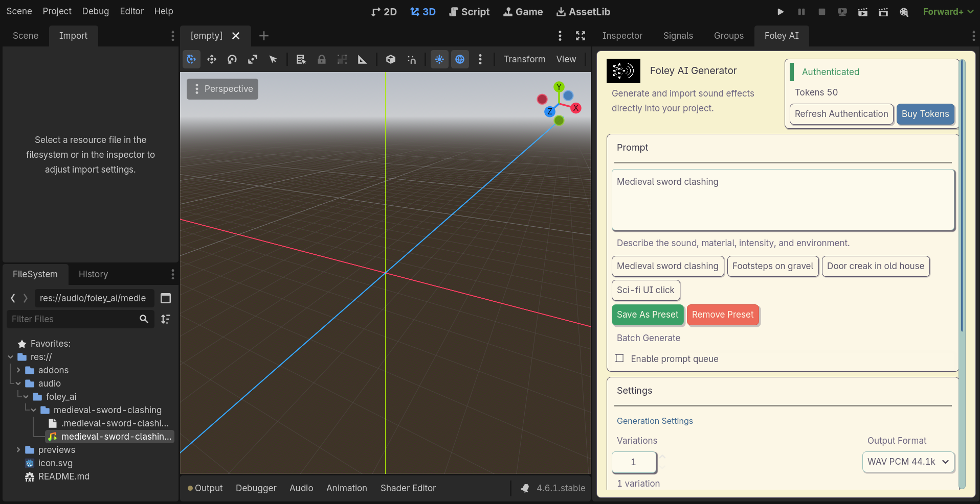 Foley AI Godot plugin docked inside the editor